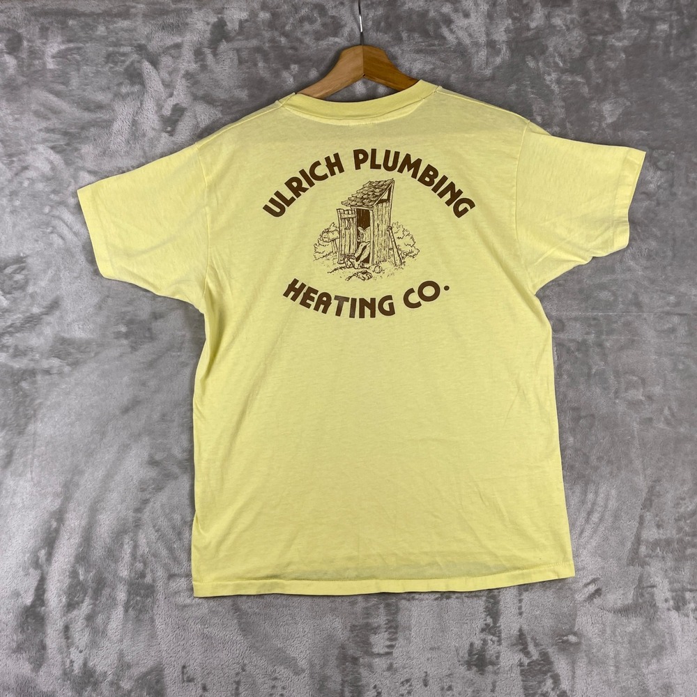 Vintage Hanes T-Shirt Mens L Yellow Thin Plumbing Heating Co Outhouse Graphic
